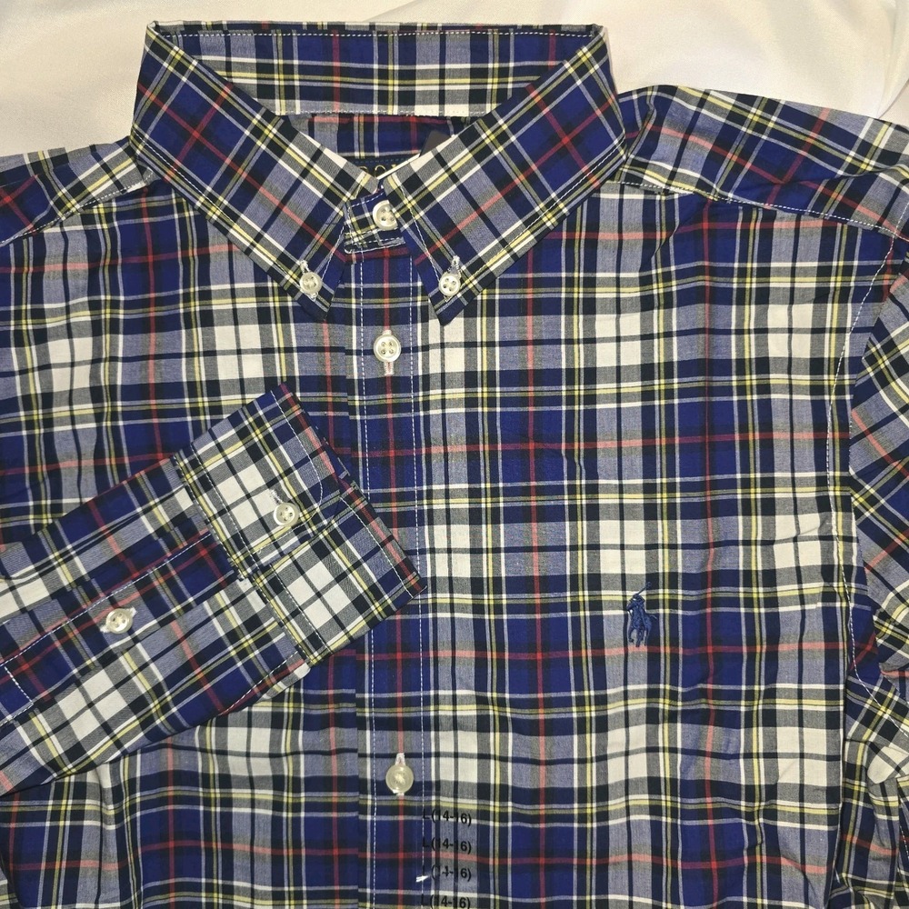 NEW Polo Ralph Lauren Boys BLUE Multi Plaid Cotton Poplin Shirt Size L (14-16)
